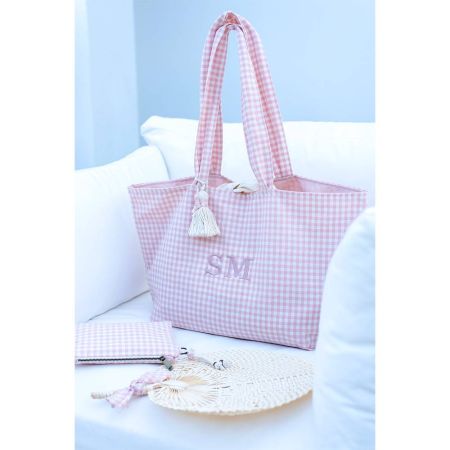 Bolso de playa Taupe Vichy Personalizado con Iniciales