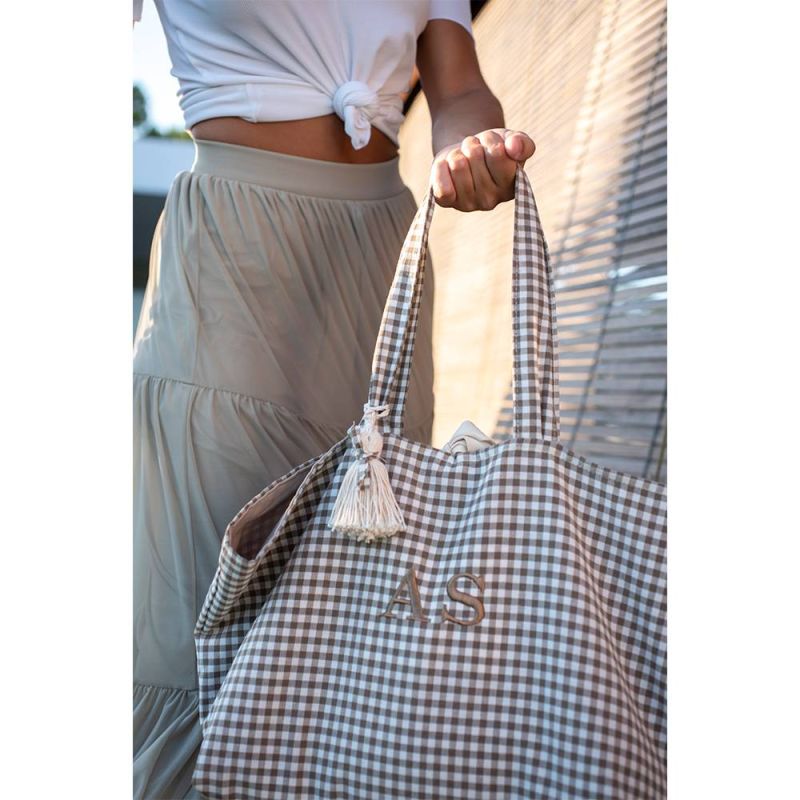 Bolso de playa Taupe Vichy Personalizado con Iniciales